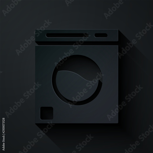 Paper cut Washer icon isolated on black background. Washing machine icon. Clothes washer - laundry machine. Home appliance symbol. Paper art style. Vector