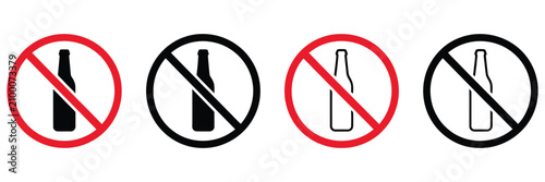 No Alcohol Sign Icon Set Featuring Red Prohibition Symbols With Beer Bottle, Wine Glass, Cocktail, Champagne, And Liquor Icons, Warning Vector Collection Isolated On White Background