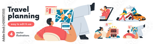 Travel planning and tourism set. Vacation trip services. People search route,...