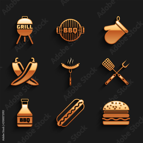 Set Sausage on the fork, Hotdog sandwich, Burger, Crossed spatula, Ketchup bottle, hot chili pepper pod, Oven glove and Barbecue grill icon. Vector