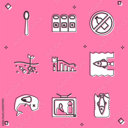 Fotografie Set Disposable plastic spoon, Trash in garbage cans sorted, No bottle, Problem of pollution planet, Ecology infographic, Stop ocean, Environment protection whale dead and icon