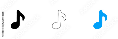 Set of three musical note icons in black and blue color isolated on transparent background, Vector