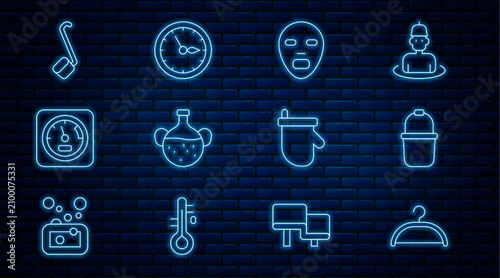 Bild auf Leinwand Set line Hanger wardrobe, Sauna bucket, Facial cosmetic mask, Essential oil bottle, thermometer, ladle, mittens and clock icon