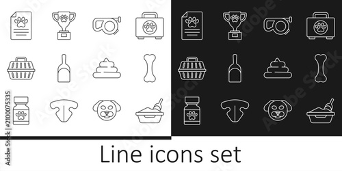 Set line Cat litter tray with shovel, Dog bone, Retractable cord leash, Dustpan, Pet carry case, Clinical record pet, Shit and award icon. Vector