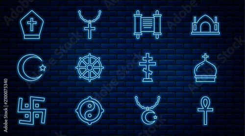 Vászonkép Set line Cross ankh, Church tower, Decree, paper, parchment, scroll, Dharma wheel, Star and crescent, Pope hat, Christian cross and on chain icon