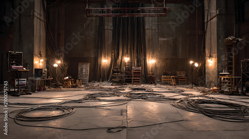 Film set preparation with cables lights and chairs in dim theater stage with scattered equipment and warm practical lamps creating moody atmosphere