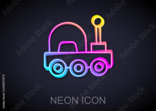 Glowing neon line Mars rover icon isolated on black background. Space rover. Moonwalker sign. Apparatus for studying planets surface. Vector
