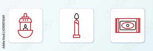 Set line Traditional carpet, Ramadan Kareem lantern and Burning candle icon. Vector