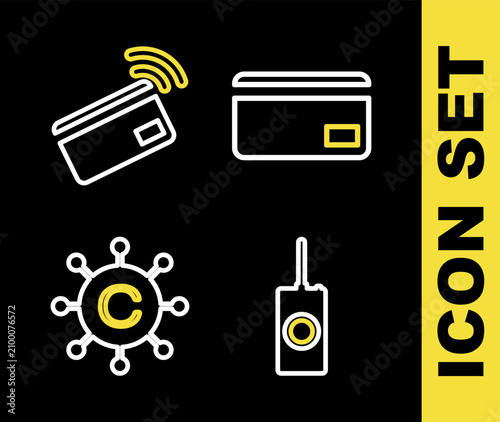 Set line Credit card, Remote control, Copywriting network and Contactless payment icon. Vector