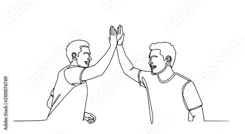 Foto Two men giving high five, continuous line drawing, celebration, teamwork, succes