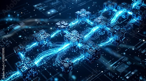 Glowing blue circuits and wires spark on a dark electronic motherboard background