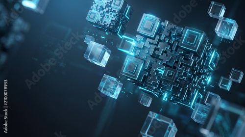 Glowing blue cubes float in dark space with technology background