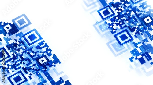 A close-up view of two blue QR codes on a white background with technology concept
