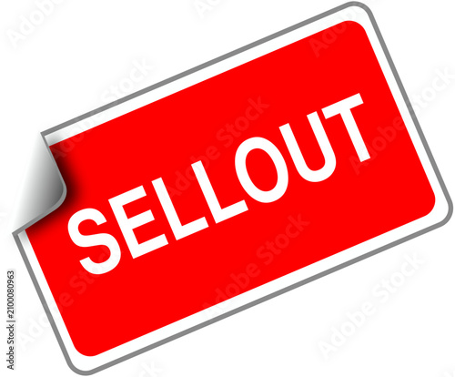 Red sellout sticker label with curled corner and bold white typography discount promotion clearance marketing adhesive isolated business