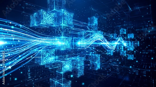 Glowing blue circuits connect futuristic cityscape with flowing digital lines and neon lights in Technology hub at night.