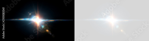 Bright anamorphic lens flare with horizontal light beam. Optical glow effect on black and transparent background