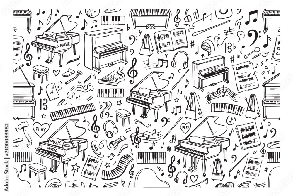 Obraz premium Musical Instruments and Sheet Music Illustration with Pianos and Notes