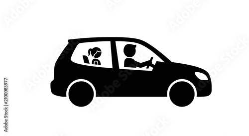 Φωτογραφία Station Wagon Silhouette With Driver And Coffee Cup Black On White