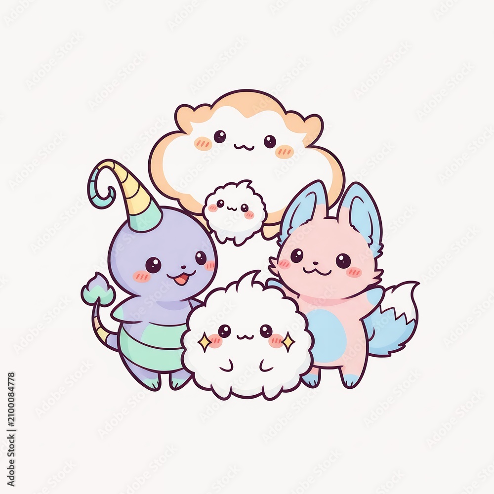 Fototapeta premium Cute cartoon character group with diverse creatures and fluffy animals isolated on a solid light background for playful design projects.