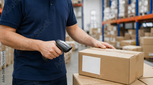 Logistics worker scanning a barcode on a box in a warehouse