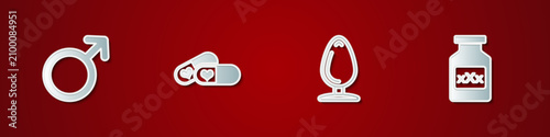 Konstfotografi Set Male gender symbol, Pills for potency, Anal plug and Bottle with pills icon
