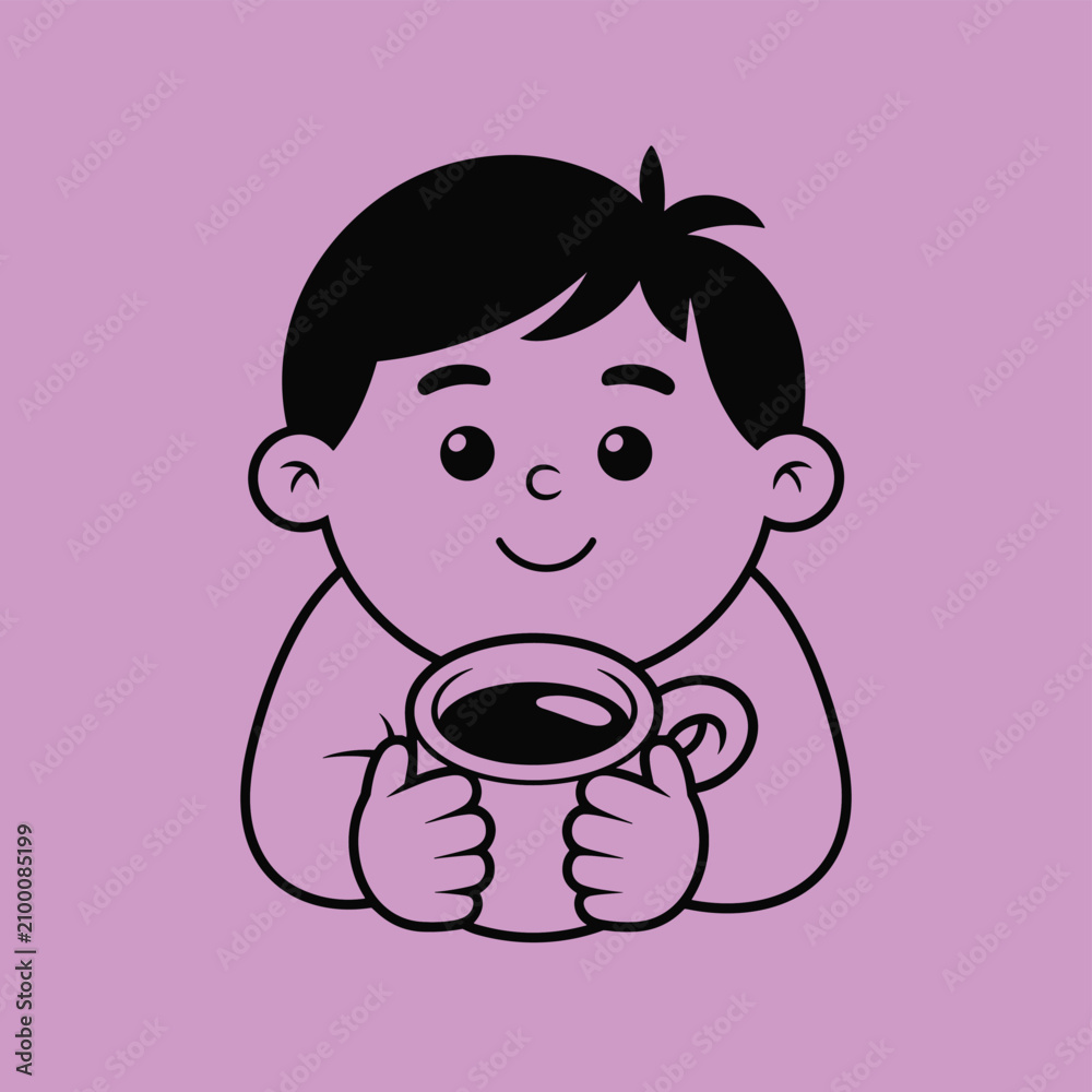 Fototapeta premium Cute Boy Drinking Coffee, Cartoon Child Character Vector Illustration Design