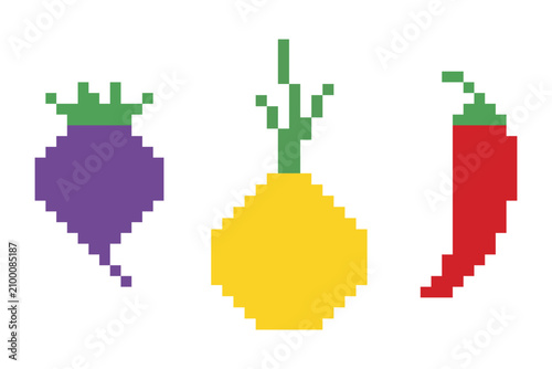 Pixel art vegetables, vector illustration. Beetroot, onion, and chili pepper in a pixel art set. Each element is isolated.