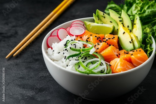Fresh Salmon Poke Bowl with Avocado, Radish and Sushi Rice.