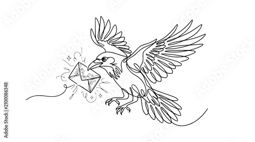 Raven carrying letter, continuous line drawing, magic mail delivery, minimalist art