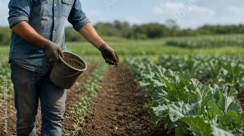 Farmer fertilizing vegetable plants in a sunny rural field