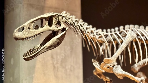 Prehistoric Theropod Dinosaur Skeleton Fossil Displayed in Museum Exhibit