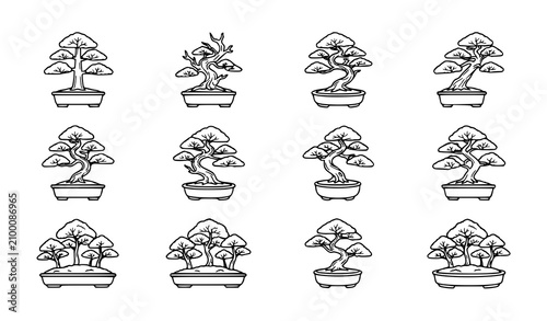 Cuadro en lienzo Japanese Bonsai Tree Line Art Vector Icon Set Featuring Miniature Potted Plants