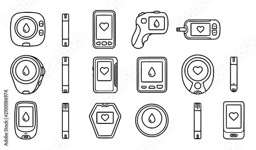 Photos Diabetes Blood Glucose Meter and Insulin Pump Line Art Vector Icon Set Featuring