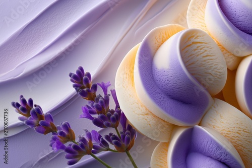 Lavender and Vanilla Ice Cream Swirls with Fresh Lavender Sprigs Close-Up.