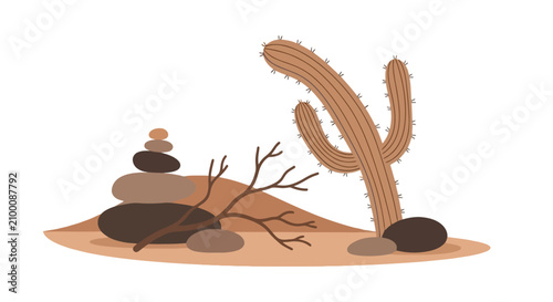Canvas Print Balanced zen stones with desert saguaro cactus and dry branch
