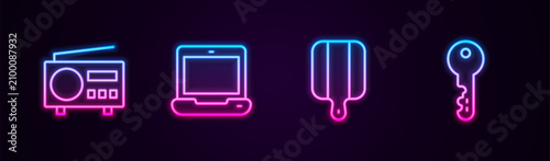 Set line Radio, Laptop, Cutting board and House key. Glowing neon icon. Vector