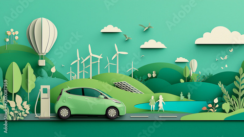 Paper Folding Origami Style Green Sustainable Energy Concept with Electric Car Charging, Eco Park, Family and Renewable Energy Vector Illustration