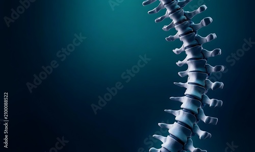 Human spine skeletal anatomy close up with detailed vertebrae and bones on dark background.