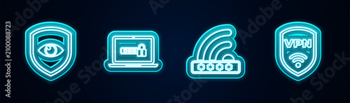 Set line Shield and eye, Laptop with password, Wifi locked and VPN wireless. Glowing neon icon. Vector