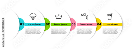 Set line Cloud with rain, Crown, Movie or Video camera and Glass water. Business infographic template. Vector