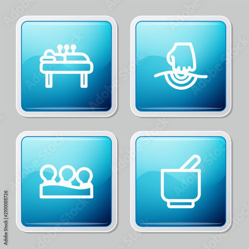 Set line Acupuncture therapy, Massage, Vacuum cans and Mortar and pestle icon. Vector