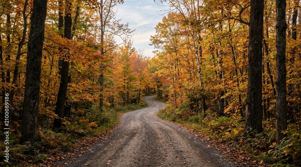 Fototapeta premium Winding dirt road through a vibrant autumn forest with colorful trees.