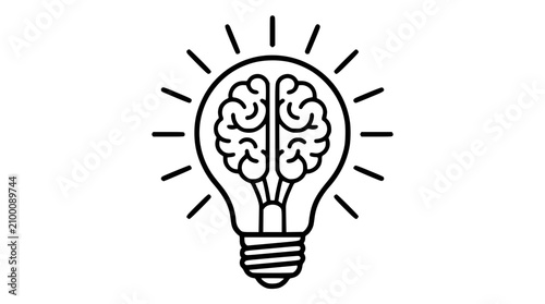 Black and white vector illustration of a brain inside lightbulb