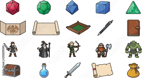 Fotografie Fantasy Role Playing Game Elements and Adventure Assets Collection with Dice Cha