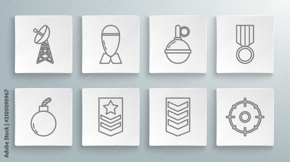 Fototapeta premium Set line Bomb ready to explode, Aviation bomb, Chevron, Military rank, Target sport for shooting competition, Hand grenade, reward medal and Radar icon. Vector