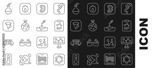 Tableau sur toile Set line Formula of benzene rings, Chemical formula, Chemistry report, Bacteria, Test tube and flask, Funnel filter, Plant breeding and Petri dish with pipette icon