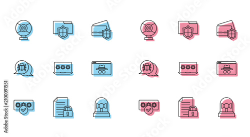 Konstfotografi Set line Password protection, Document and lock, Security camera, Flasher siren, Laptop with password, Browser incognito window, System bug and folder icon