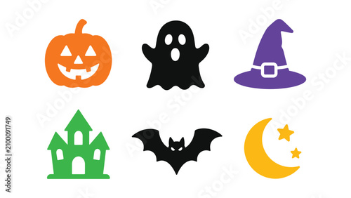 Minimal Halloween Icons Set Flat Vector Collection | Pumpkin, Ghost, Witch Hat, Haunted House, Bat & Moon UI Symbols