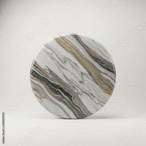 Round Marble Coaster with Swirling Grey and Brown Veins on White Background.