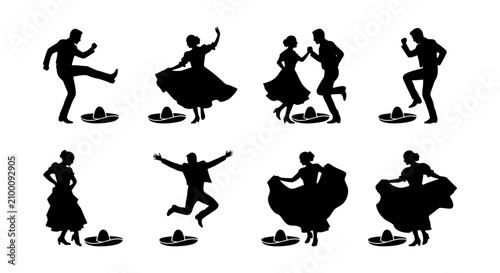 Konstfotografi Mexican Folkloric Dancers Silhouettes, Fiesta Celebration Vector Icons, Traditio